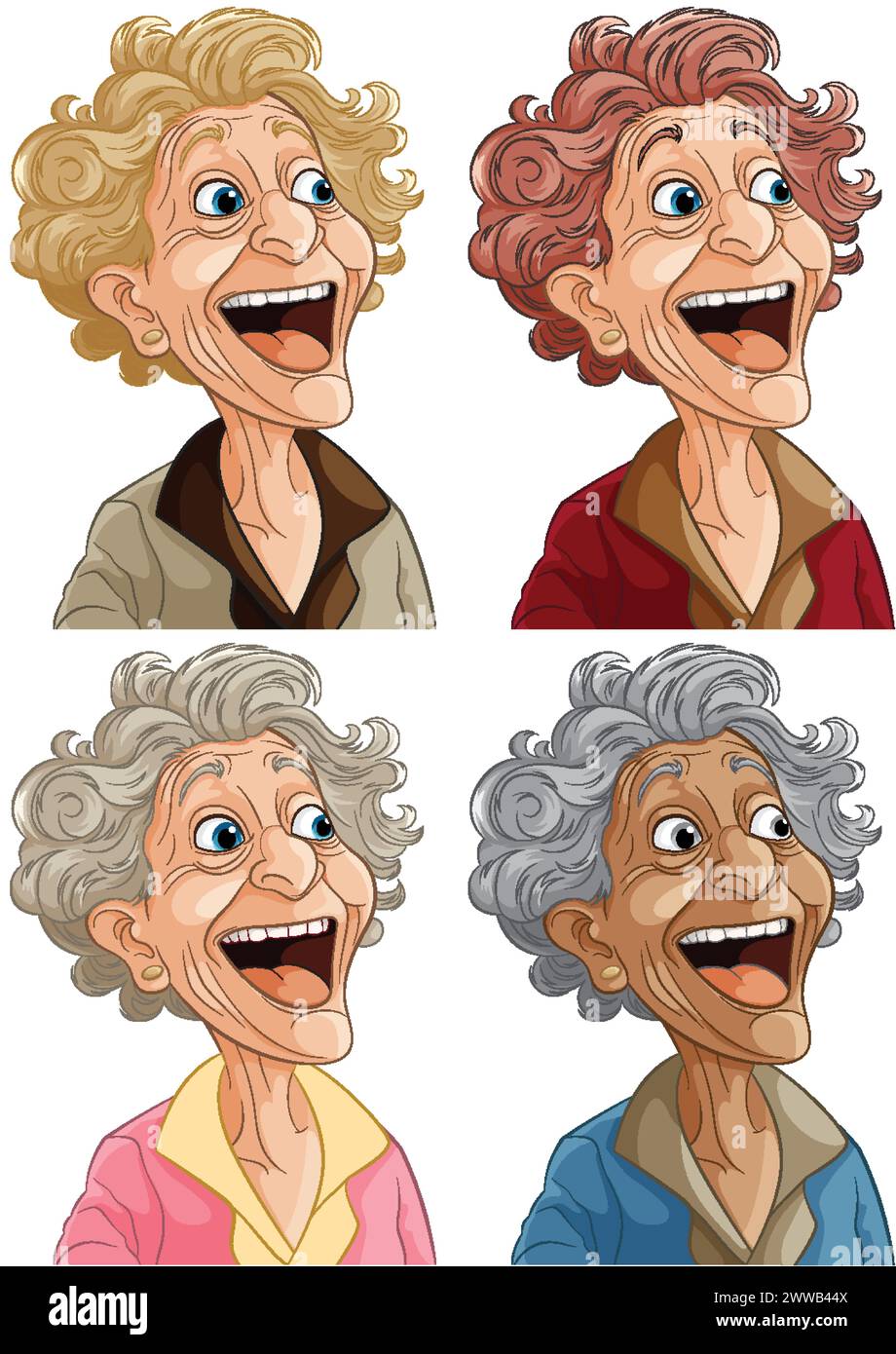Quattro donne anziane felici con volti espressivi. Illustrazione Vettoriale