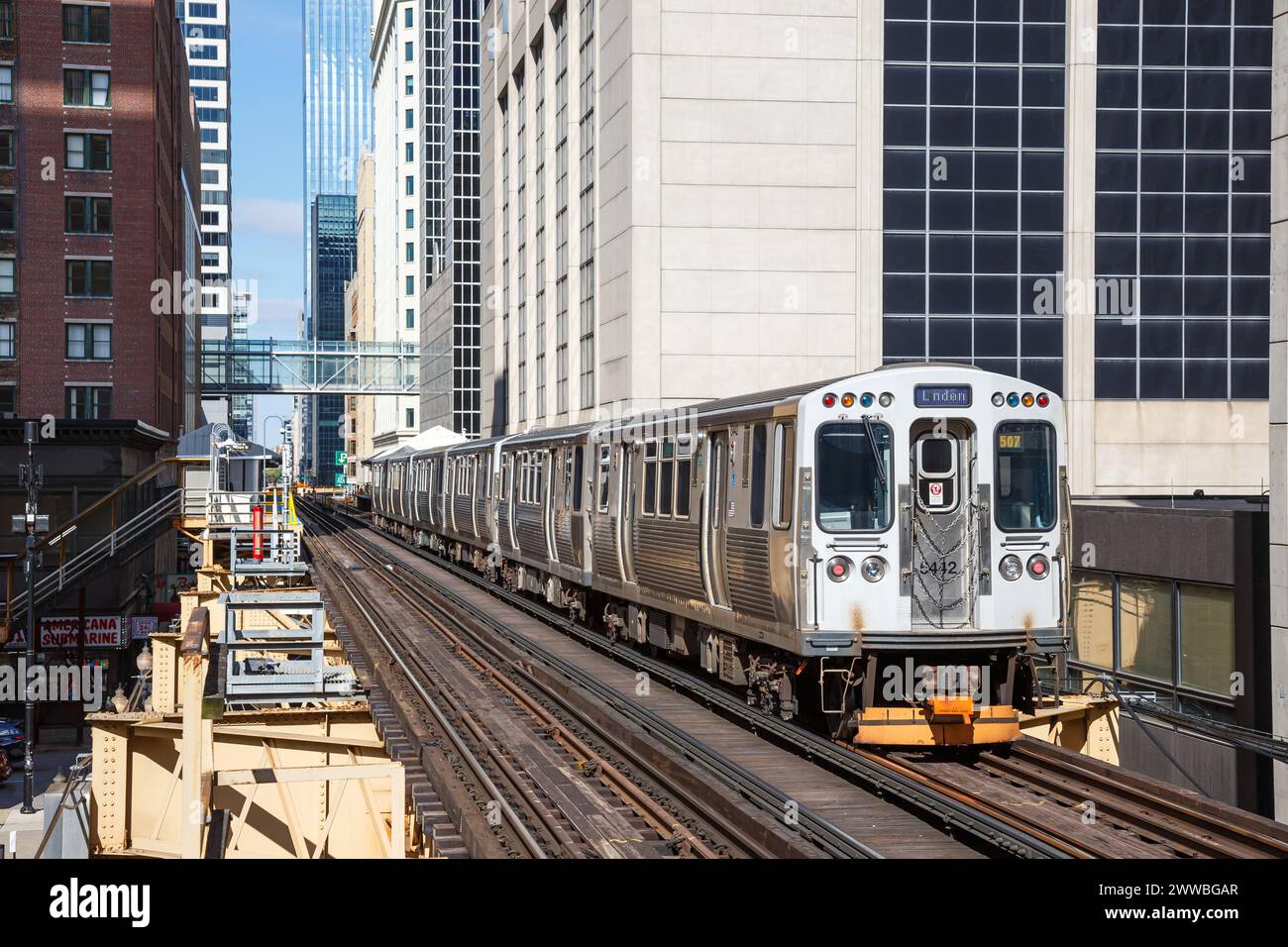 Metropolitana sopraelevata di Chicago 'l', treno di trasporto rapido, trasporto pubblico cittadino vicino alla stazione Harold Washington Library di Chicago, Stati Uniti Foto Stock
