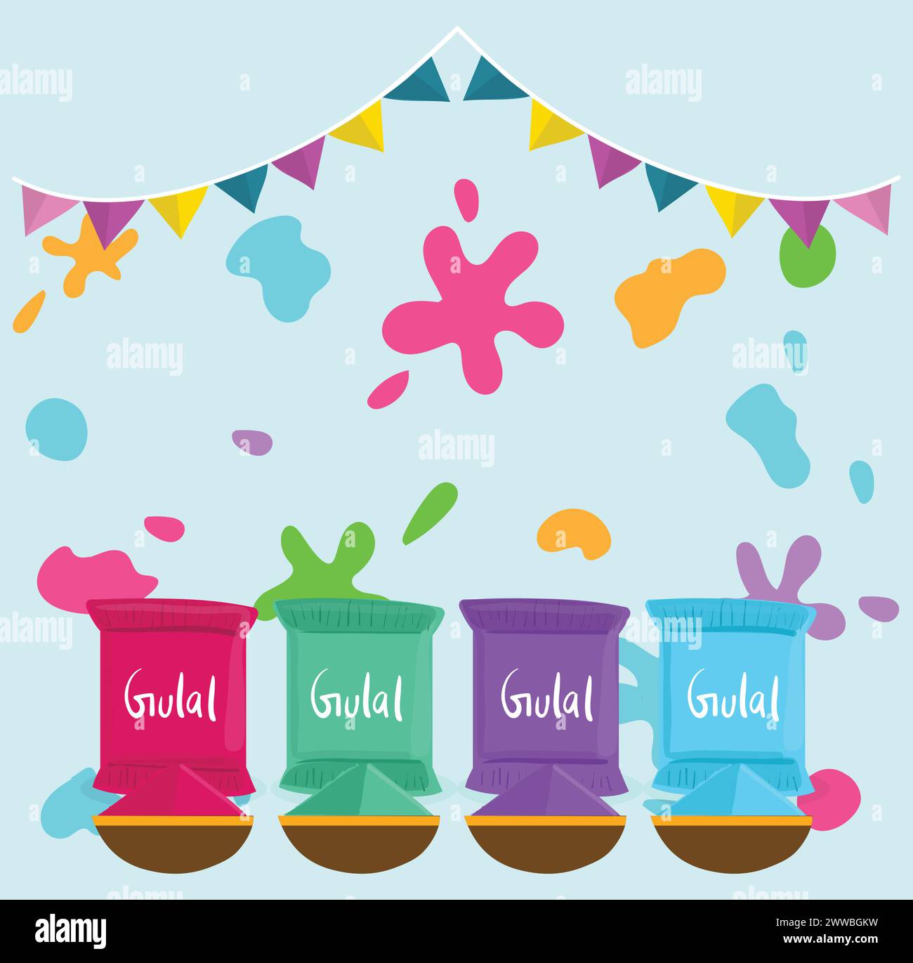 Pacchetti Holi Festival Gulal con elementi decorativi sullo sfondo Illustrazione Vettoriale