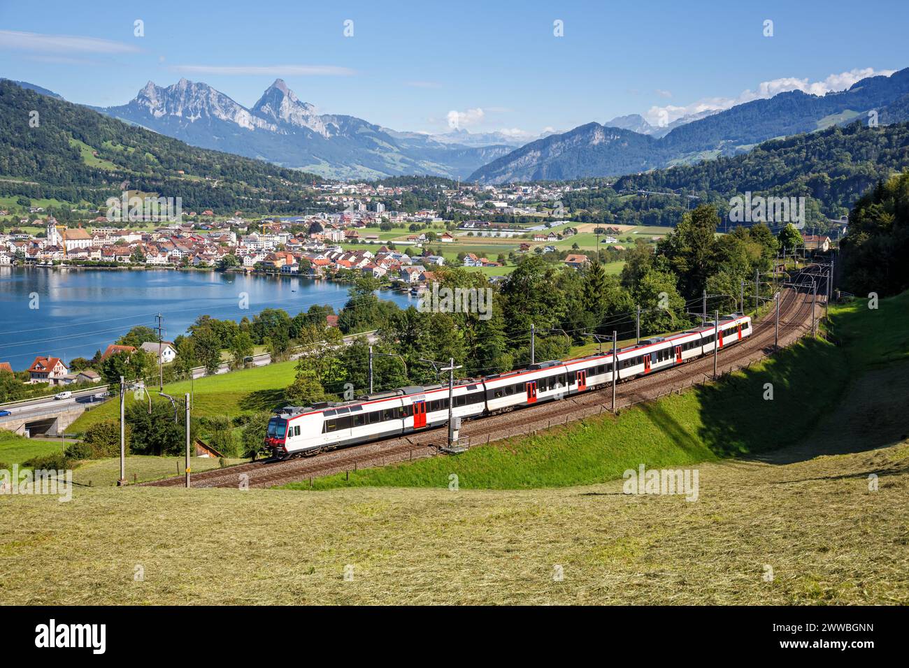 Treno passeggeri della ferrovia Schweizerische Bundesbahnen FFS a Grosser Mythen sul lago di Zugo nelle Alpi svizzere ad Arth, Svizzera Foto Stock