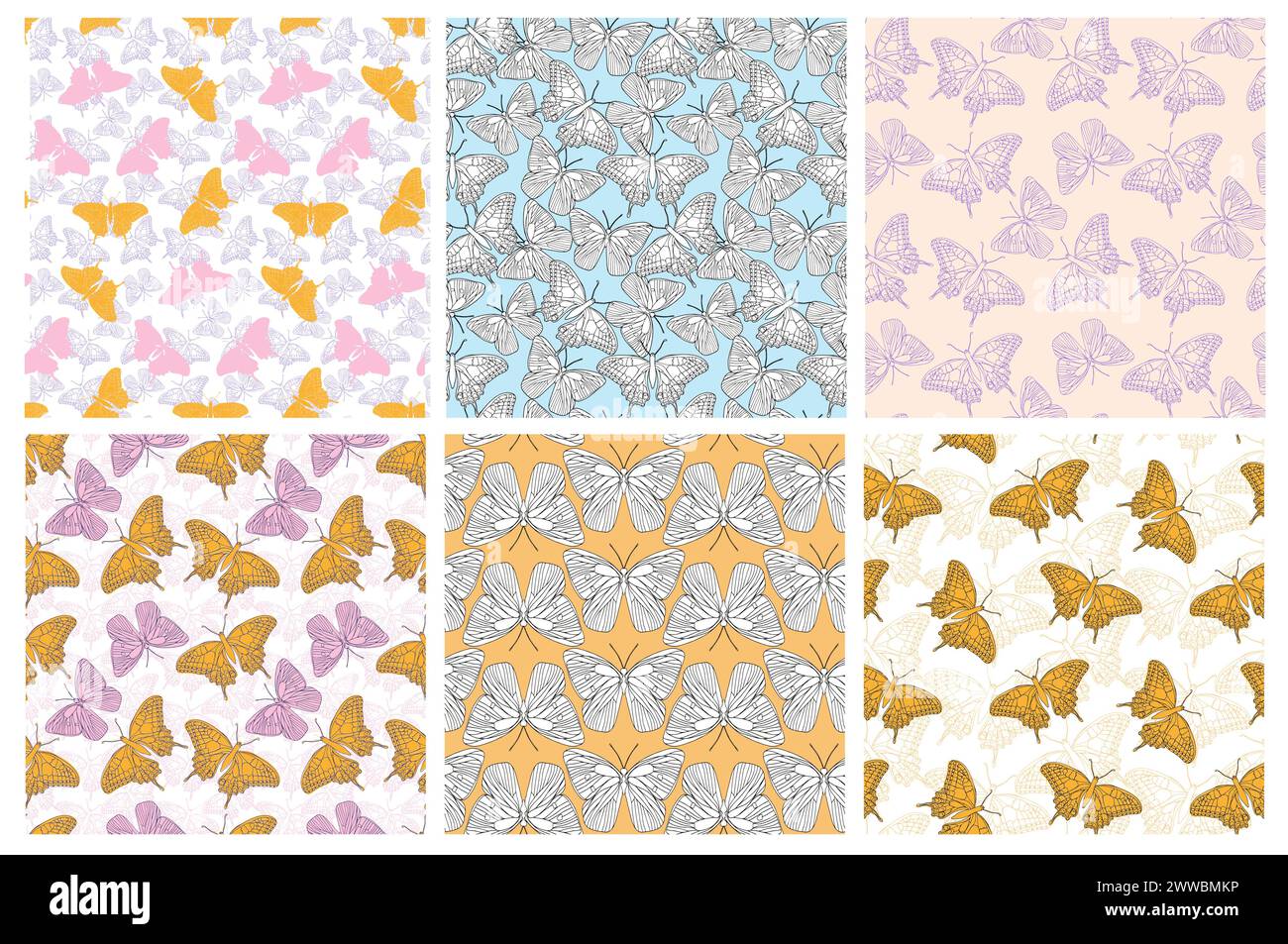 Butterflies ink line Vector pattern senza cuciture sfondo per tessuti, tessuti, carta da parati, album. Insetti con ali che disegnano per la progettazione di superfici Illustrazione Vettoriale