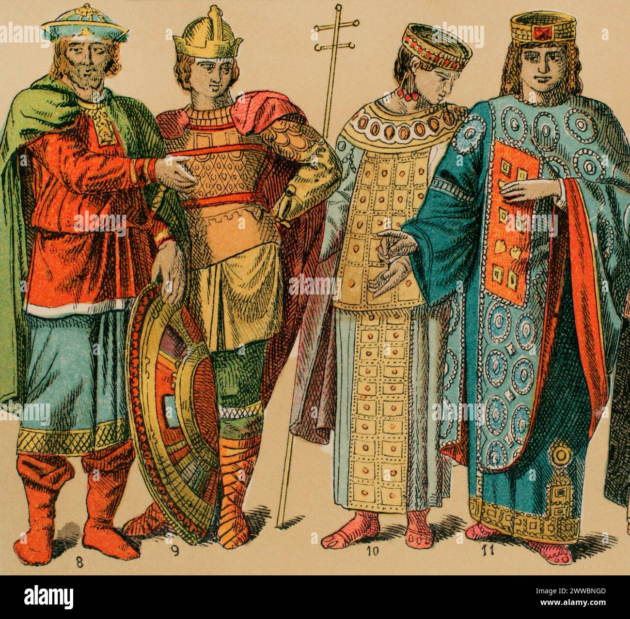 Bizantini, 1000-1200. Da sinistra a destra: 8-9: guerrieri, 10: Abito regale, 11: imperatrice. Cromolitografia. "Historia Universal", di César Cantú. Volume V, 1884. Foto Stock