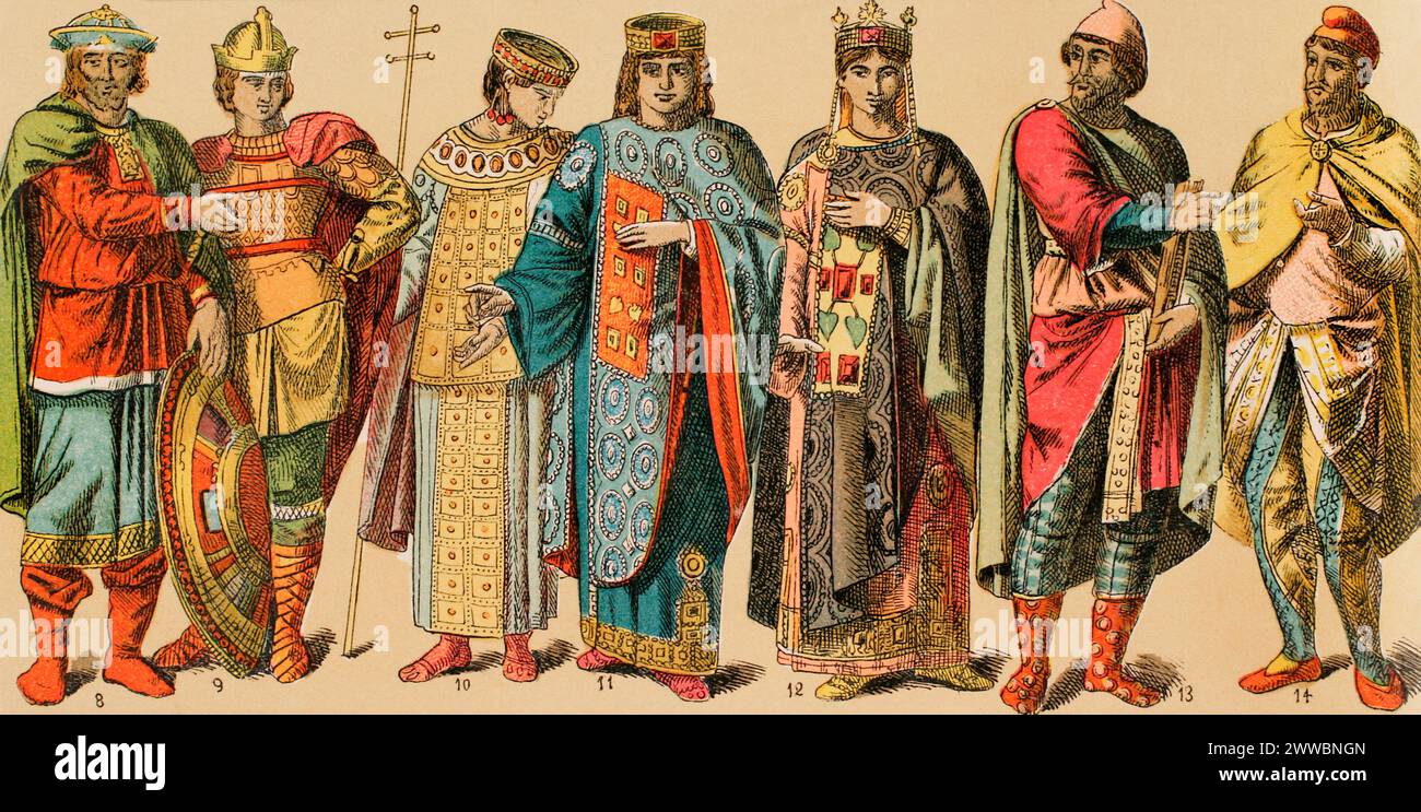 Bizantini, 1000-1200. Da sinistra a destra: 8-9: guerrieri, 10: Abito regale, 11: imperatrice, 12: Abito regale femminile, con stola, tunica e mantello, 13-14: Abito da uomo. Tappo frigio. Cromolitografia. "Historia Universal", di César Cantú. Volume V, 1884. Foto Stock