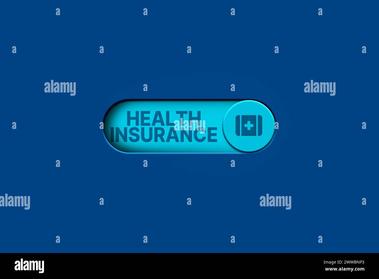 Illustrazione 3D del pulsante ciano che attiva l'assicurazione sanitaria contratta. Concetto medico di assistenza sanitaria familiare. Foto Stock