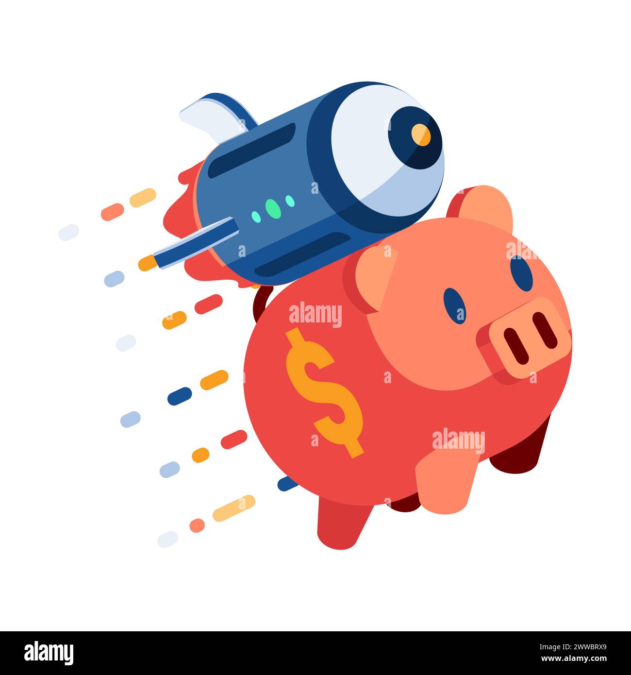 Flat 3d Isometric Piggy Bank con Rocket Flying Up. Risparmio di denaro e crescita dei tassi di interesse. Illustrazione Vettoriale