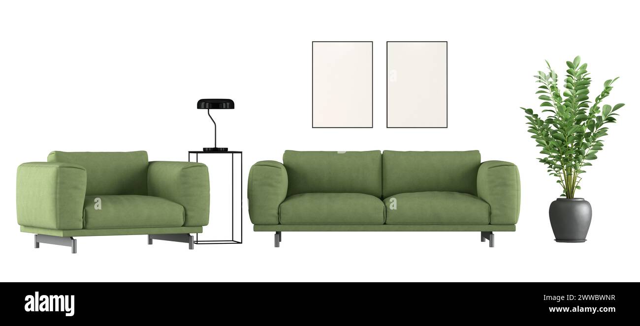 Elegante divano e poltrona verdi con elementi decorativi, isolati su sfondo bianco, rendering 3D. Foto Stock