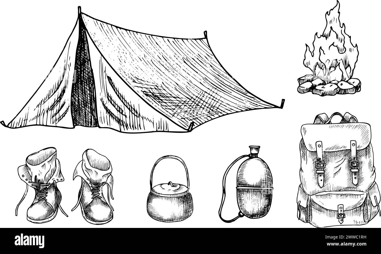 Attrezzature da campeggio: Tenda, caminetto, zaino, matraccio e stivali. Illustrazione vettoriale di oggetti per escursioni e viaggi in una foresta dipinti da inchiostri neri in stile lineare. Incisione con elementi avventurosi. Illustrazione Vettoriale