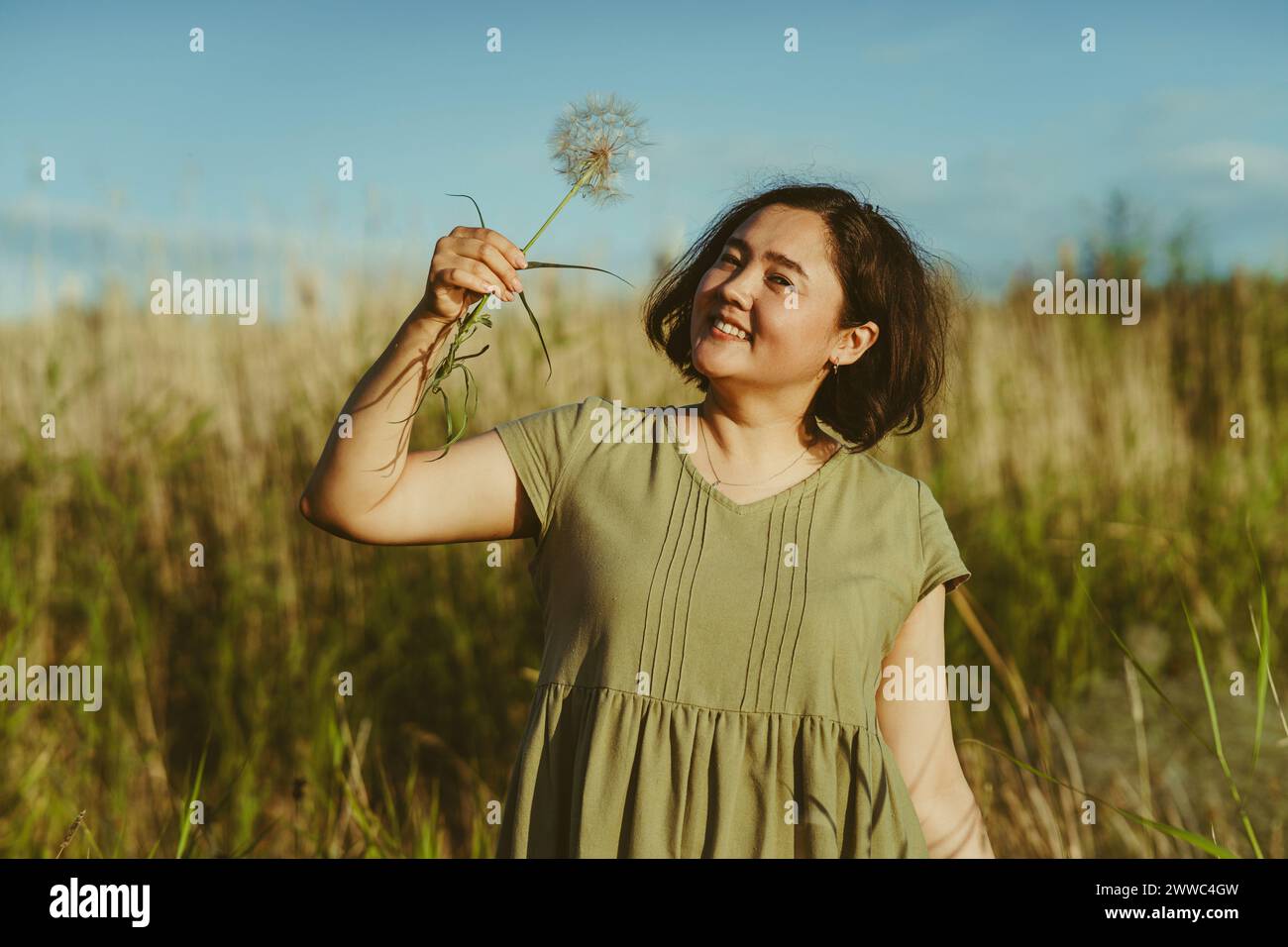 Donna matura sorridente che tiene il dente di leone sul campo nella giornata di sole Foto Stock