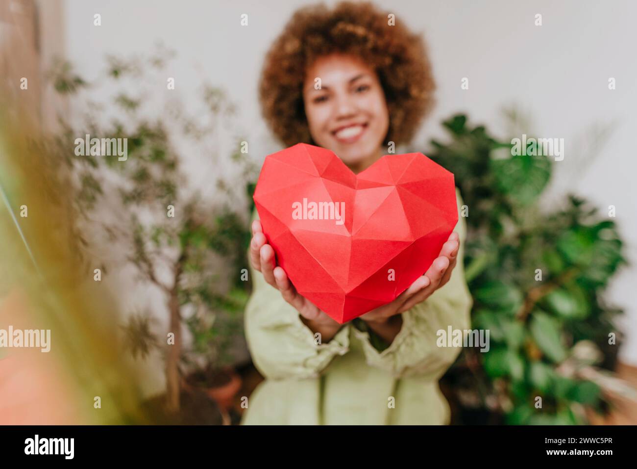Giovane donna sorridente che tiene il cuore di carta rossa vicino alle piante Foto Stock