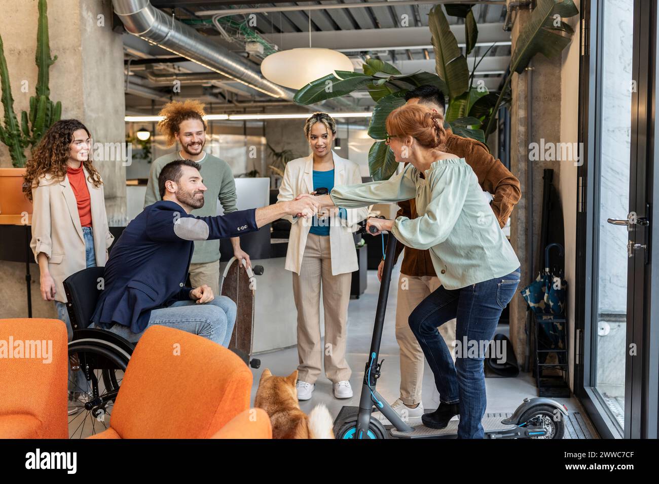 Il manager in sedia a rotelle stringe la mano con il collega che arriva in ufficio con uno scooter elettrico Foto Stock