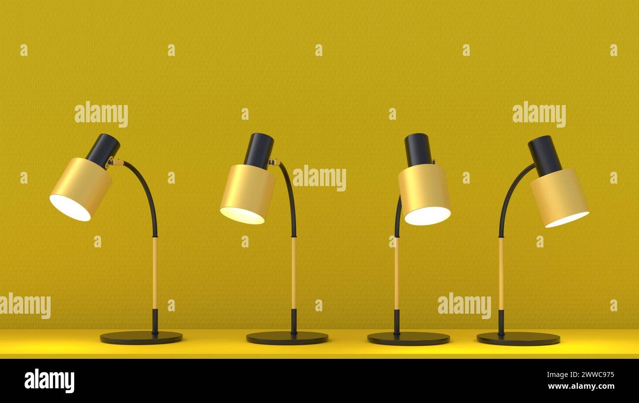 Rendering 3D delle lampade da tavolo gialle che si illuminano su sfondo giallo Foto Stock