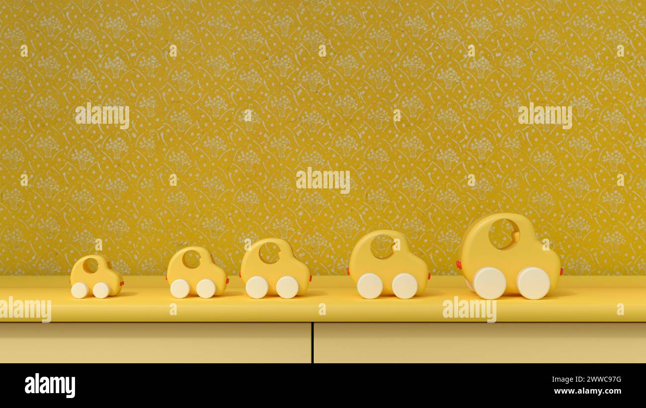 Rendering 3D di macchinine gialle su sfondo giallo Foto Stock