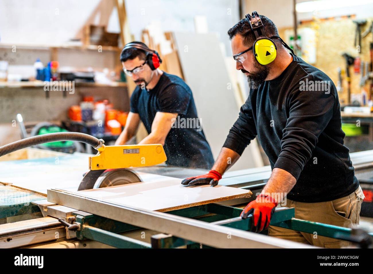 Falegnami che tagliano tavole di legno con sega elettrica Foto Stock