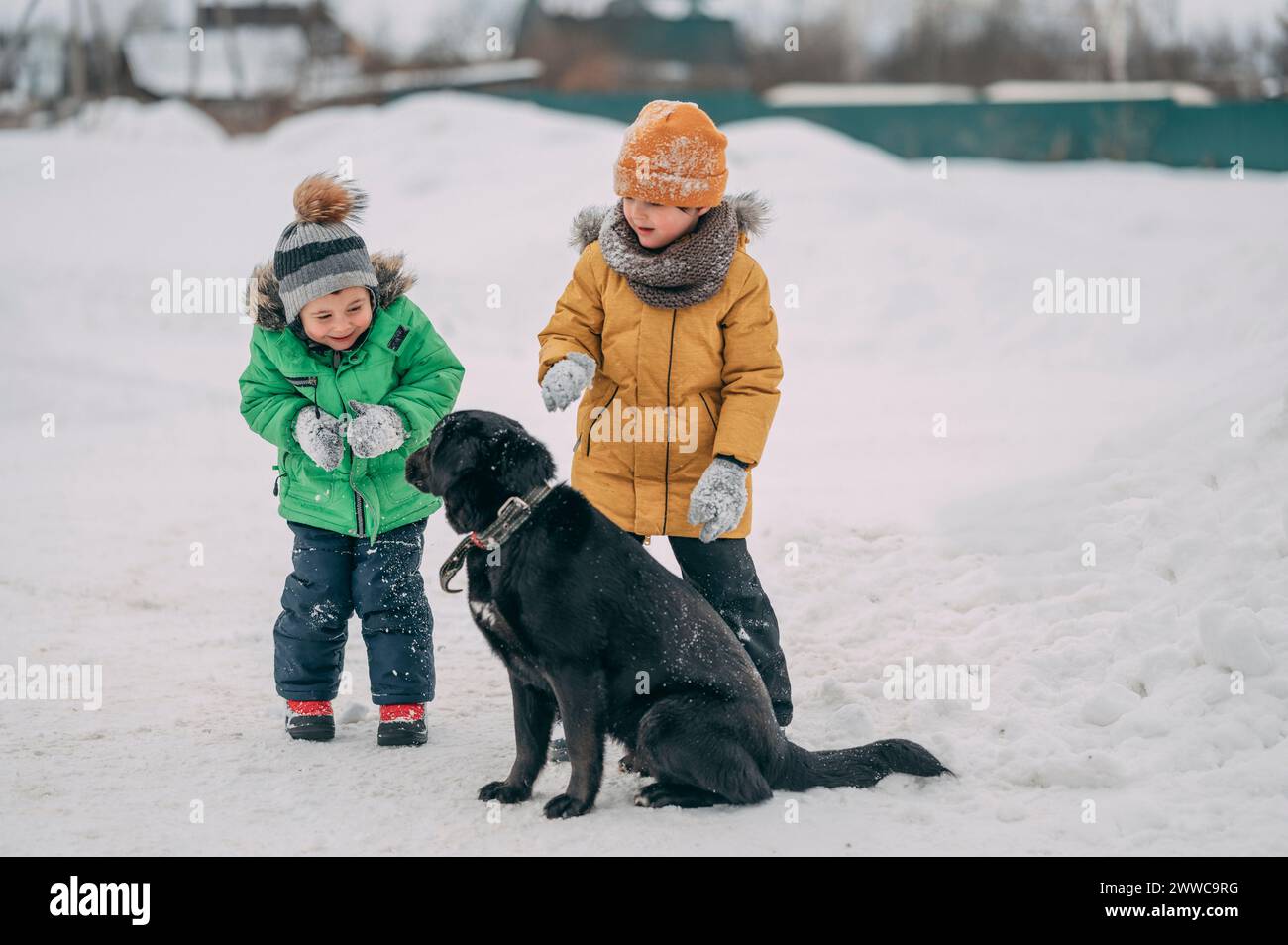 Bambini felici che indossano abiti caldi e giocano con il cane sulla neve Foto Stock