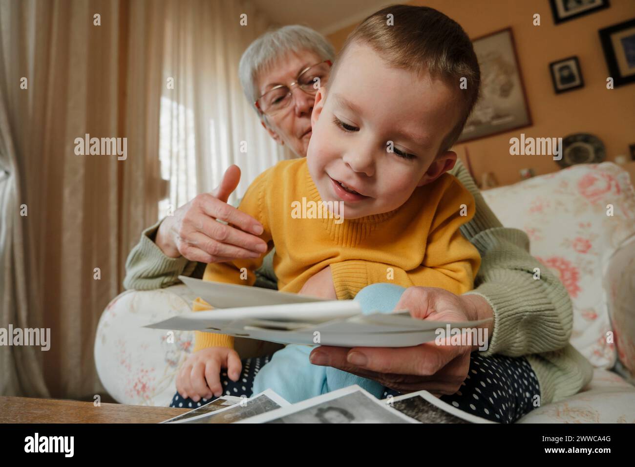 Nonna che mostra vecchie fotografie al nipote a casa Foto Stock