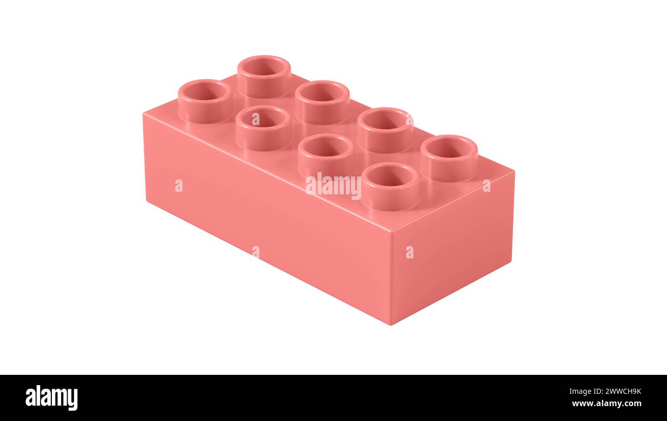 Blocco Lego in plastica Peach rosa isolato su sfondo bianco. Bambini Toy Brick, Vista prospettica. Vista ravvicinata di un blocco di gioco per i costruttori. Rendering 3D. 8K Ultra HD, 7680x4320, 300 dpi Foto Stock