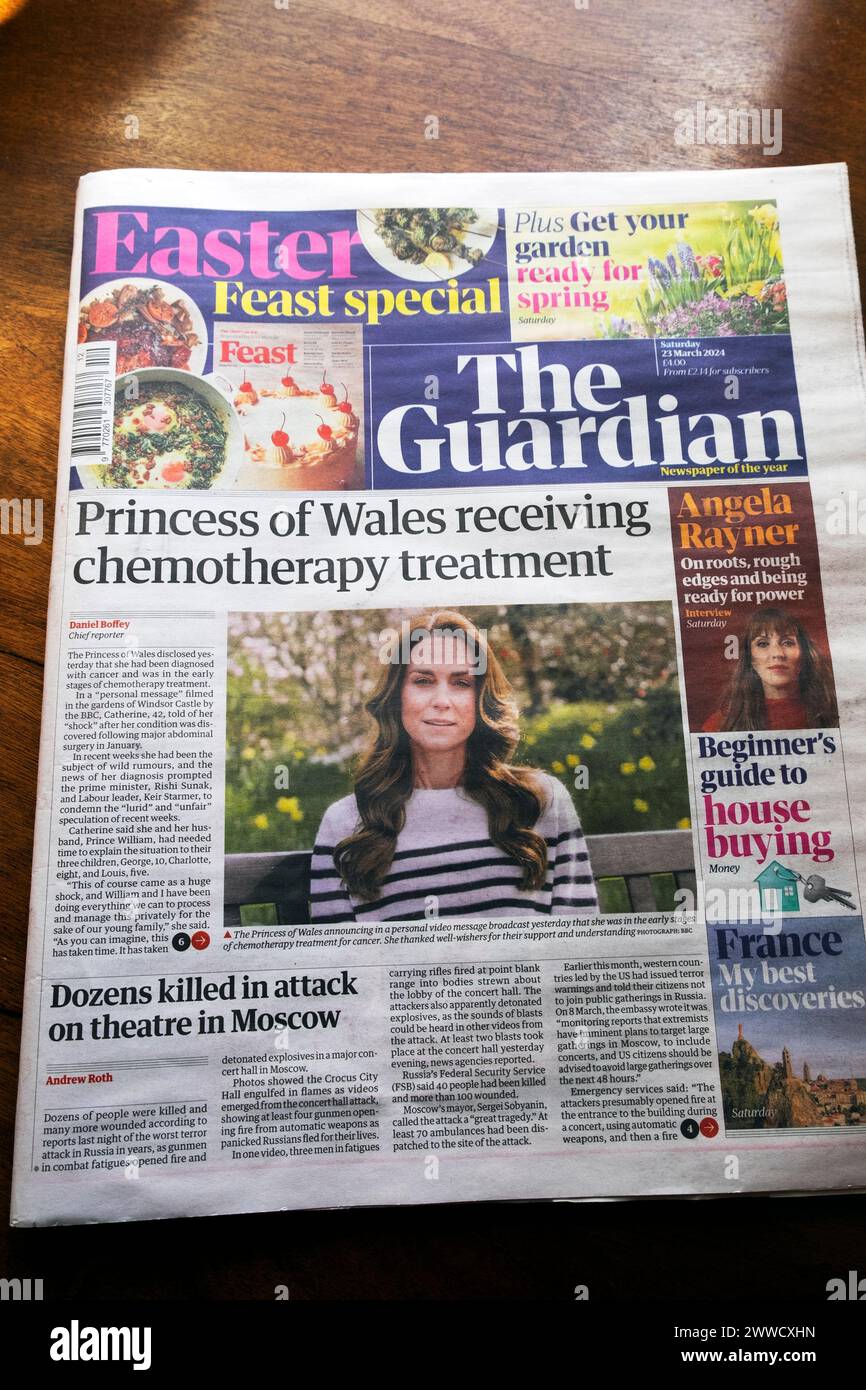 Kate Middleton "la principessa del Galles riceve un trattamento chemioterapico" testata del quotidiano Guardian in prima pagina 23 marzo 2024 Londra Regno Unito Foto Stock