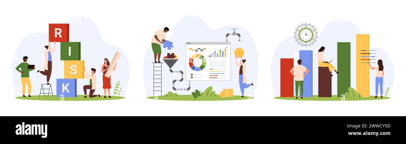 Insieme di analisi e valutazione della sicurezza per gli investimenti finanziari. Le persone di piccole dimensioni misurano la torre di cubi con testo a rischio, convertono le decisioni in denaro con filtro, lavorano con le impostazioni dell'illustrazione vettoriale dei cartoni animati Illustrazione Vettoriale