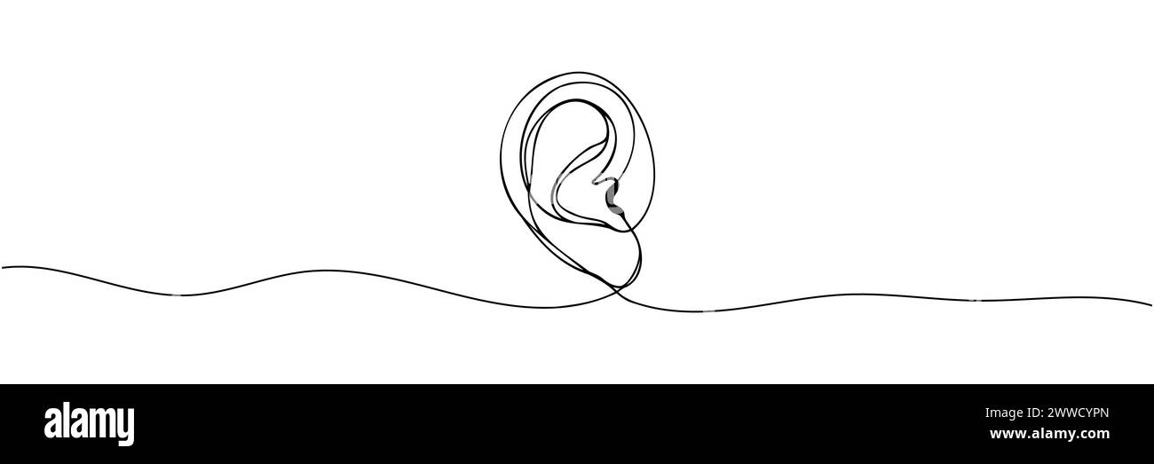 l'orecchio umano è disegnato come una linea continua. Illustrazione vettoriale. Illustrazione Vettoriale