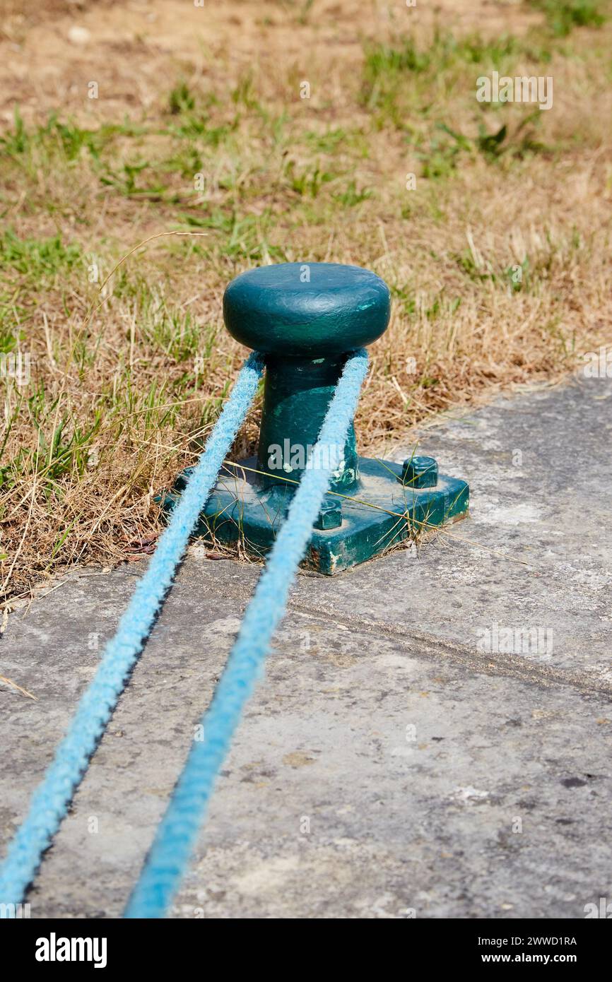 Corda di nylon blu avvolta intorno a un paletto verde Foto Stock