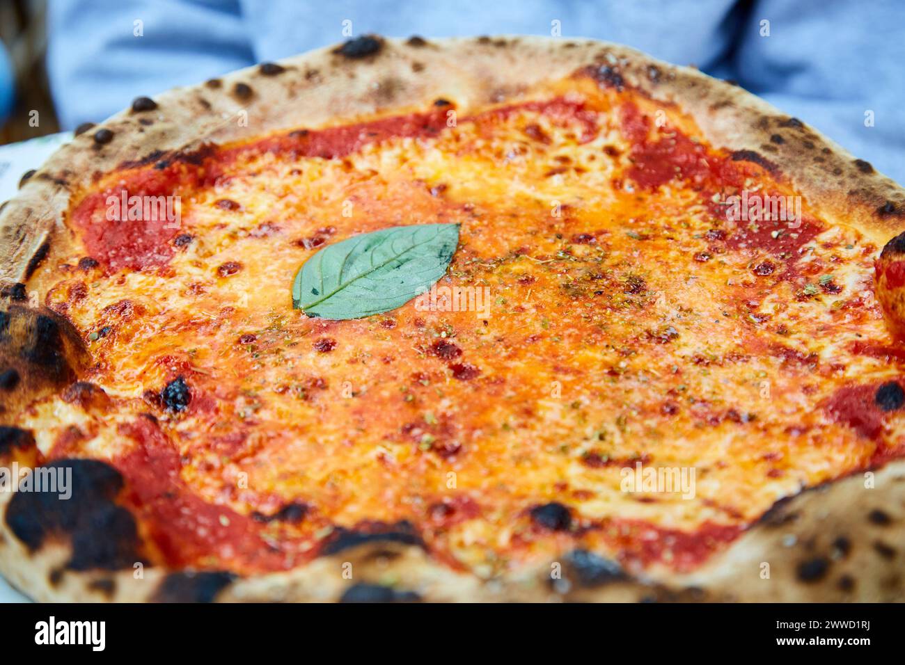 Primo piano della pizza intera con foglia di basilico Foto Stock