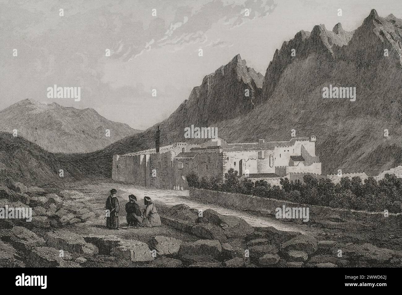 Monastero di Santa Caterina. Situato ai piedi del Monte Sinai. Incisione di Ransonnette. "La Tierra Santa y los lugares recorridos por los profetas, por los apóstoles y por los cruzados" (la Terra Santa e i siti attraversati dai profeti, dagli apostoli e dai crociati). Pubblicato a Barcellona dalla tipografia di Joaquin Verdaguer, 1840. Foto Stock