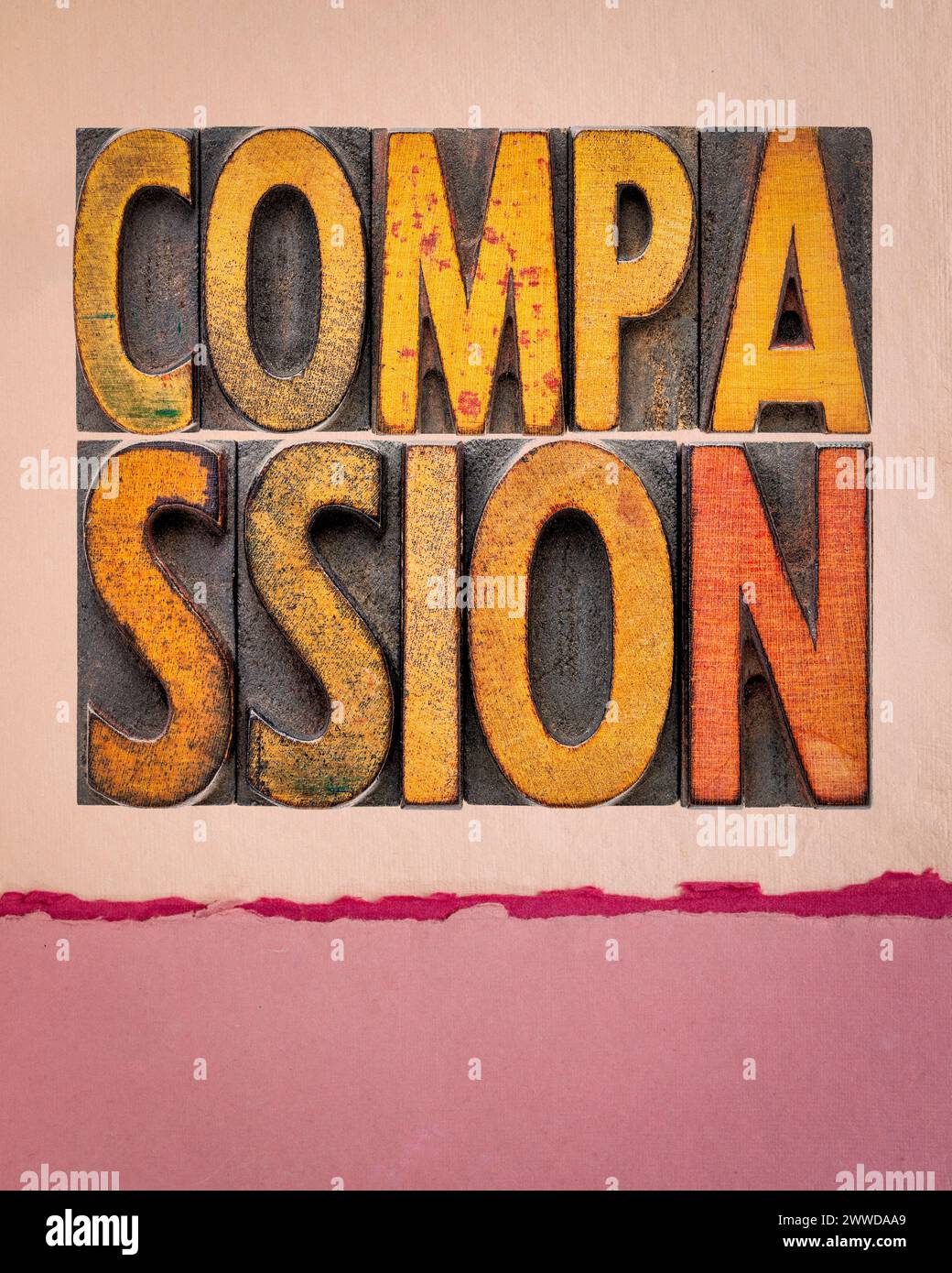 compassione - parola astratta in legno di tipografia vintage contro poster di carta artistica Foto Stock