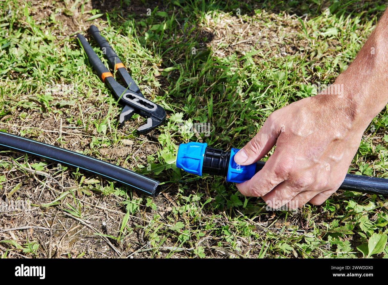 Collegamento di tubi in HDPE con raccordo a compressione durante l'installazione dell'alimentazione dell'acqua di irrigazione. Foto Stock