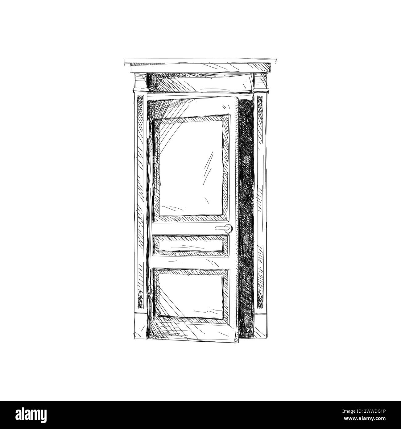 Posizione portiera socchiusa. Porta d'ingresso principale, illustrazione vettoriale dello schizzo della porta anteriore in legno Illustrazione Vettoriale