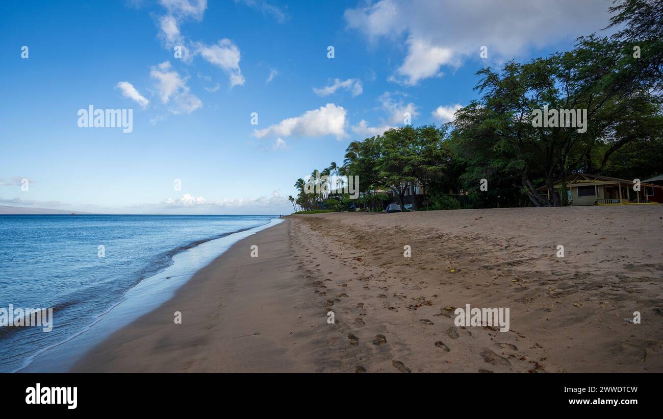 Le onde dell'oceano si infrangono sulle coste dorate della spiaggia di Ka'anapali a Lahaina, Hawaii. Foto Stock