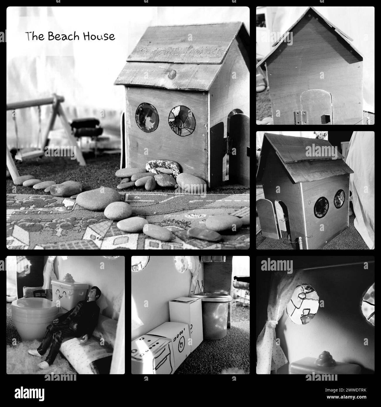 Modello di una casa sulla spiaggia creato da Arthur for the Arts Award 2021, che mostra struttura esterna, finestre, tetto e spazio esterno. Foto Stock