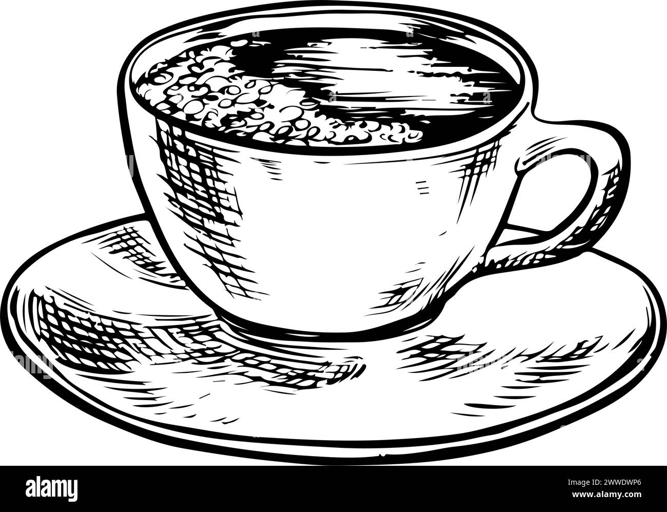 Una tazza di caffè, illustrazione vettoriale in bianco e nero. Per imballaggi, logo ed etichette. Per banner, volantini, menu e poster Illustrazione Vettoriale