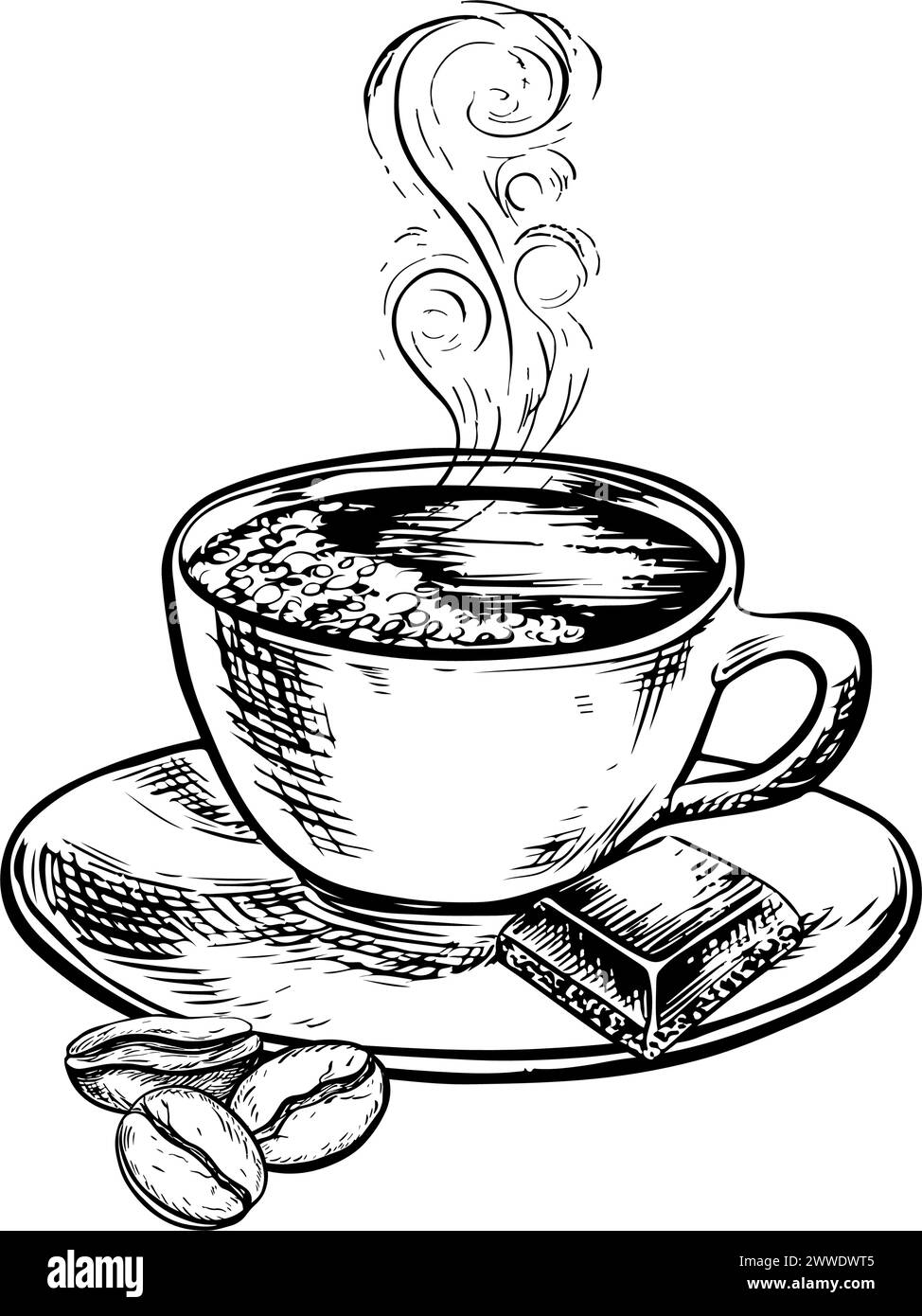 Una tazza di caffè con una fetta di cioccolato e chicchi di caffè, illustrazione vettoriale in bianco e nero. Per imballaggi, logo ed etichette. Per banner, volantini, Illustrazione Vettoriale