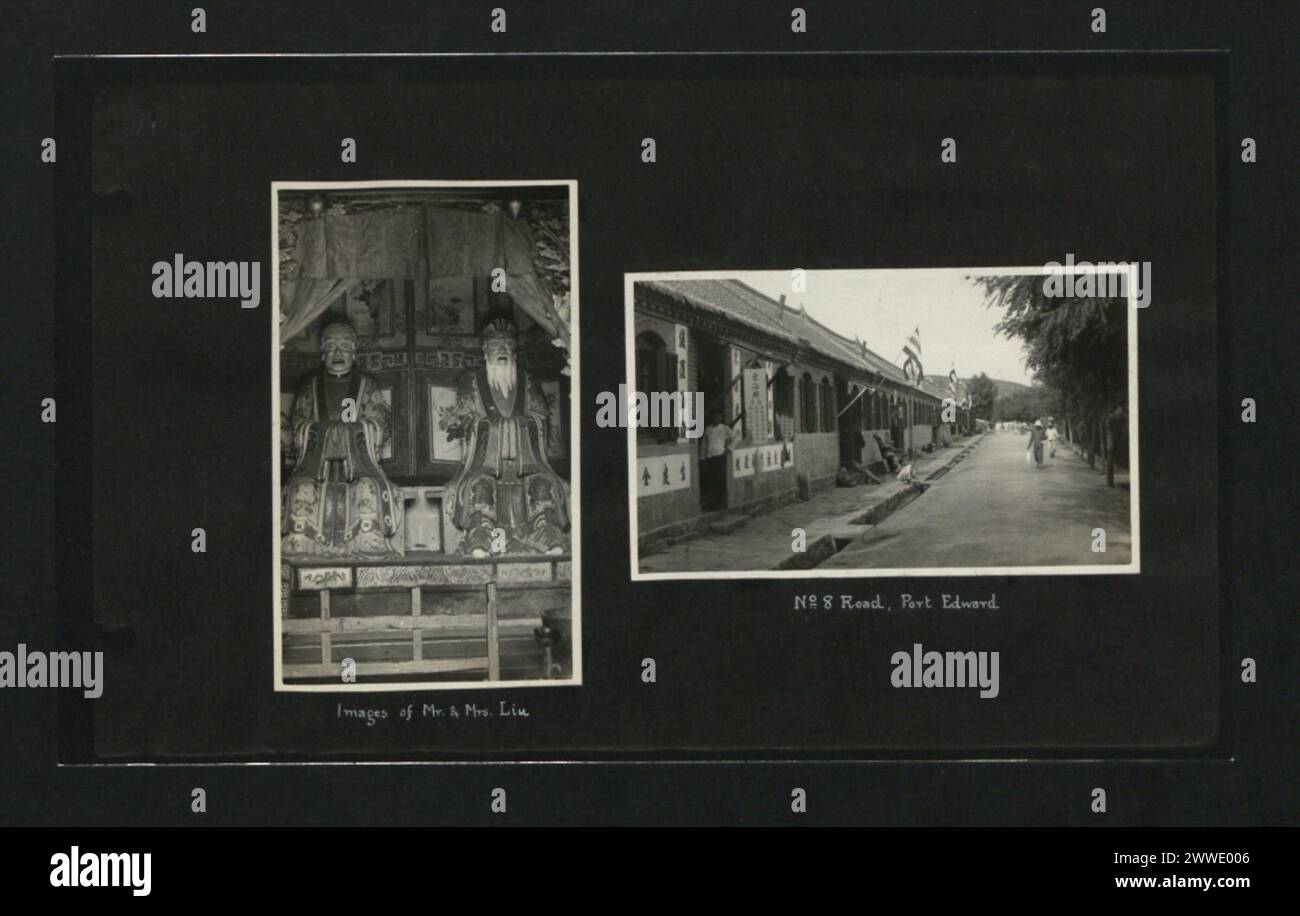 Fotografie di Mr. E Mrs. Liu e No. 8 Road a Port Edward, Cina continentale, mostrano individui e paesaggi urbani in un contesto storico. Foto Stock