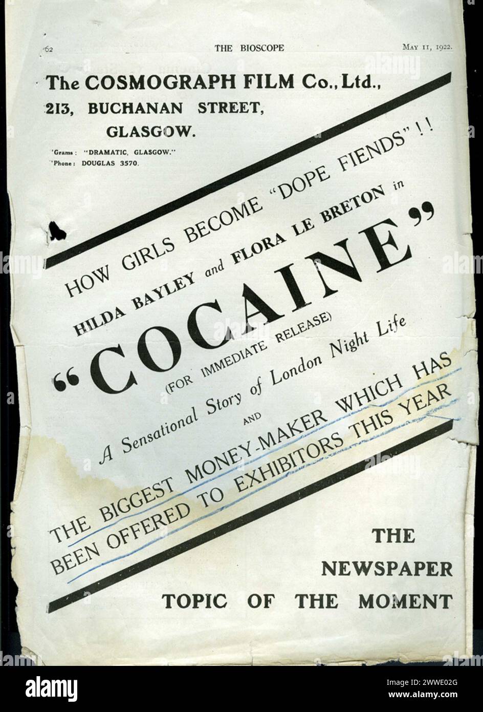 Pubblicità commerciale del 1922 che promuove il film "cocaina", diretto da Graham Cutts. L'annuncio ha preso di mira i proprietari di cinema e ha dovuto affrontare restrizioni da parte dell'Home Office a causa della sua rappresentazione del consumo di droga e del crimine. Foto Stock