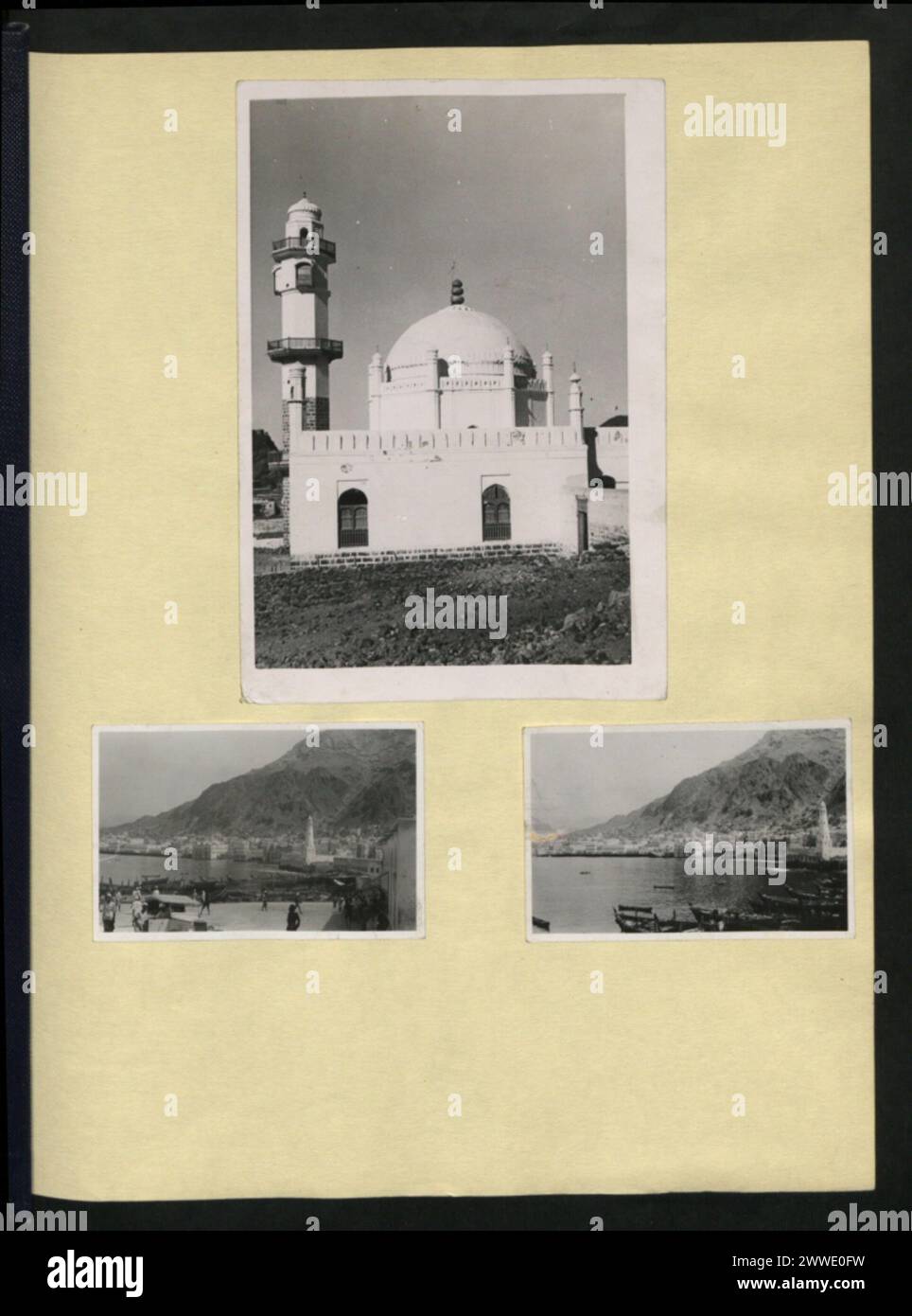 Viste generali di Aden, Yemen, prese dalla terra, dal mare e dall'aria nel 1936-1937, mostrano aree urbane, il porto, le caratteristiche costiere e il paesaggio circostante. Foto Stock