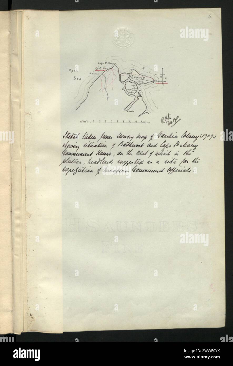 Schizzo da una mappa del 1909 della colonia Gambia che mostra Bathurst e Cape St Mary Government House, situata su un altopiano e promontorio proposto per i funzionari del governo europeo. Foto Stock