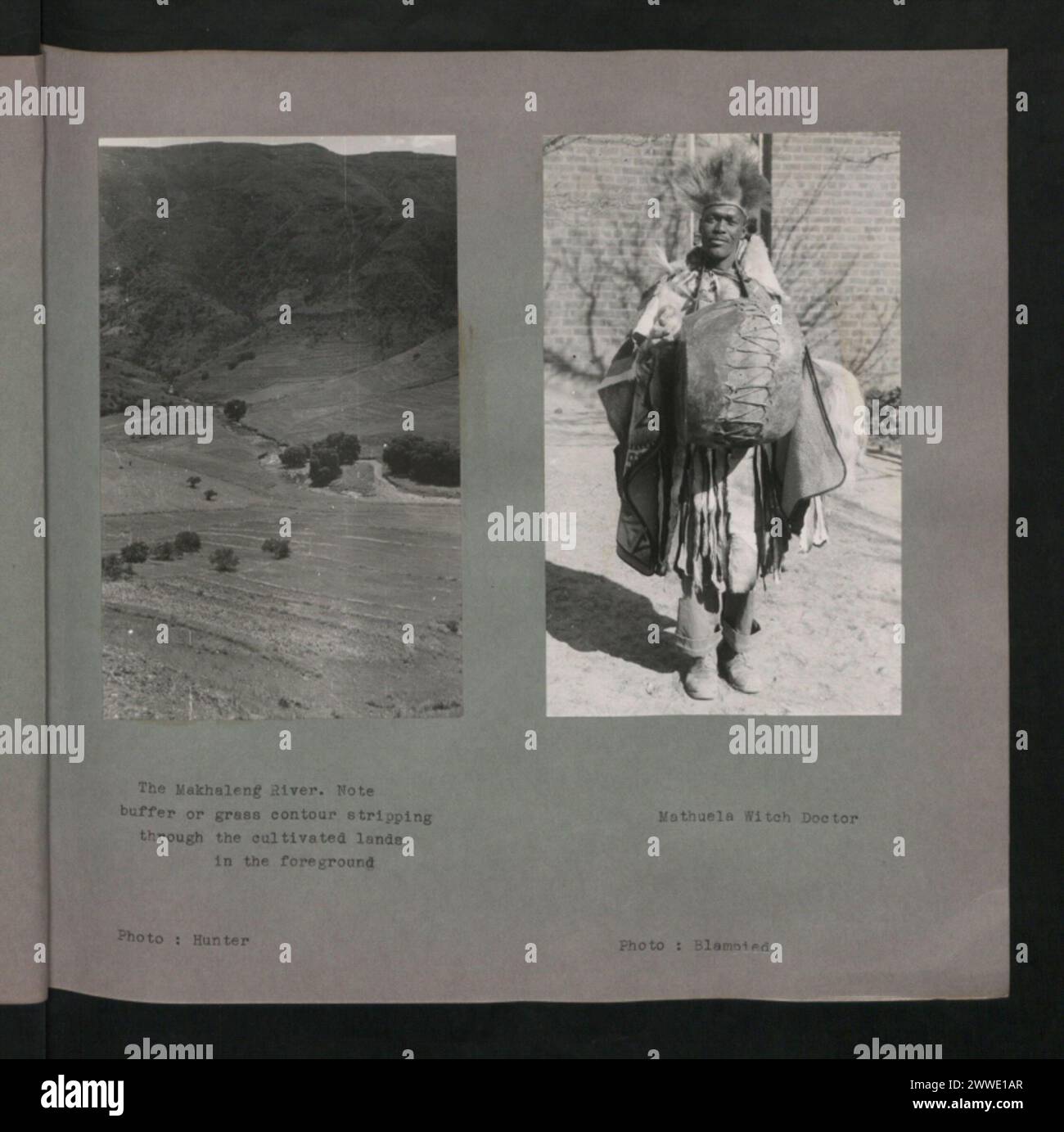 Fotografie del fiume Makhaleng con strisce di prato nelle terre coltivate, e di Mathuela, una strega locale, che mostra pratiche agricole e culturali in Africa. Foto Stock