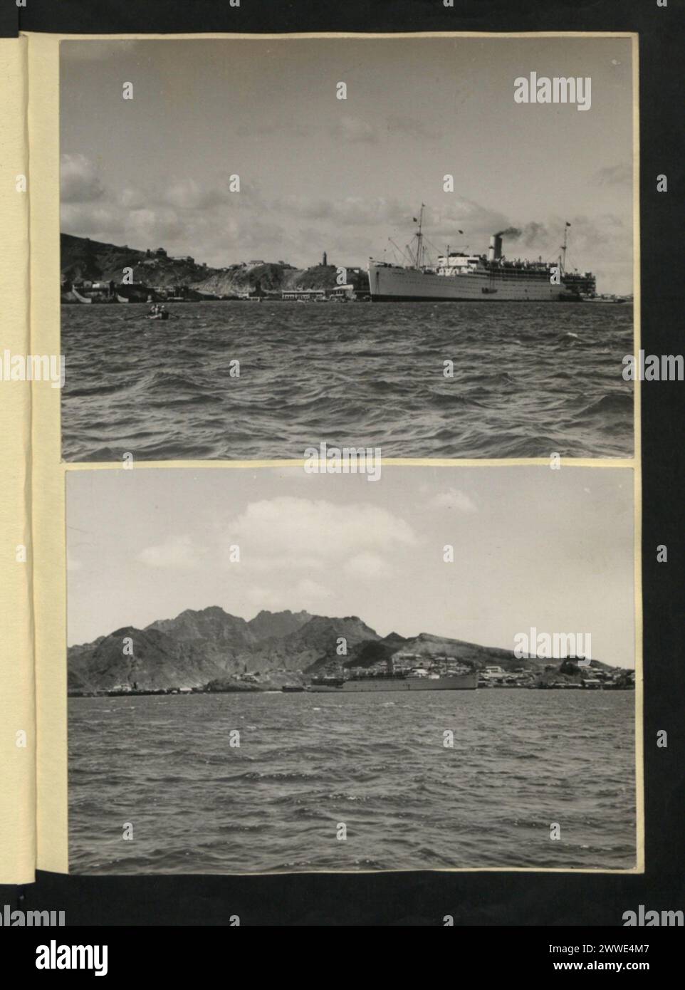 Le fotografie del 1936-1937 mostrano Aden, Yemen, da molteplici prospettive, tra cui terra, mare e aria, illustrando il porto, la costa e la struttura urbana della città. Foto Stock