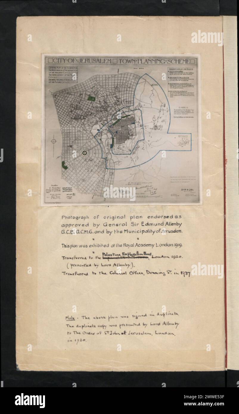 Descrizione: Programma urbanistico della città di Gerusalemme. Fotografia del piano originale approvato dal generale Sir Edmund Allenby G.C.B., G.C.M.G. e dal comune di Gerusalemme. Luogo: Gerusalemme, Palestina Data: 1919 Foto Stock