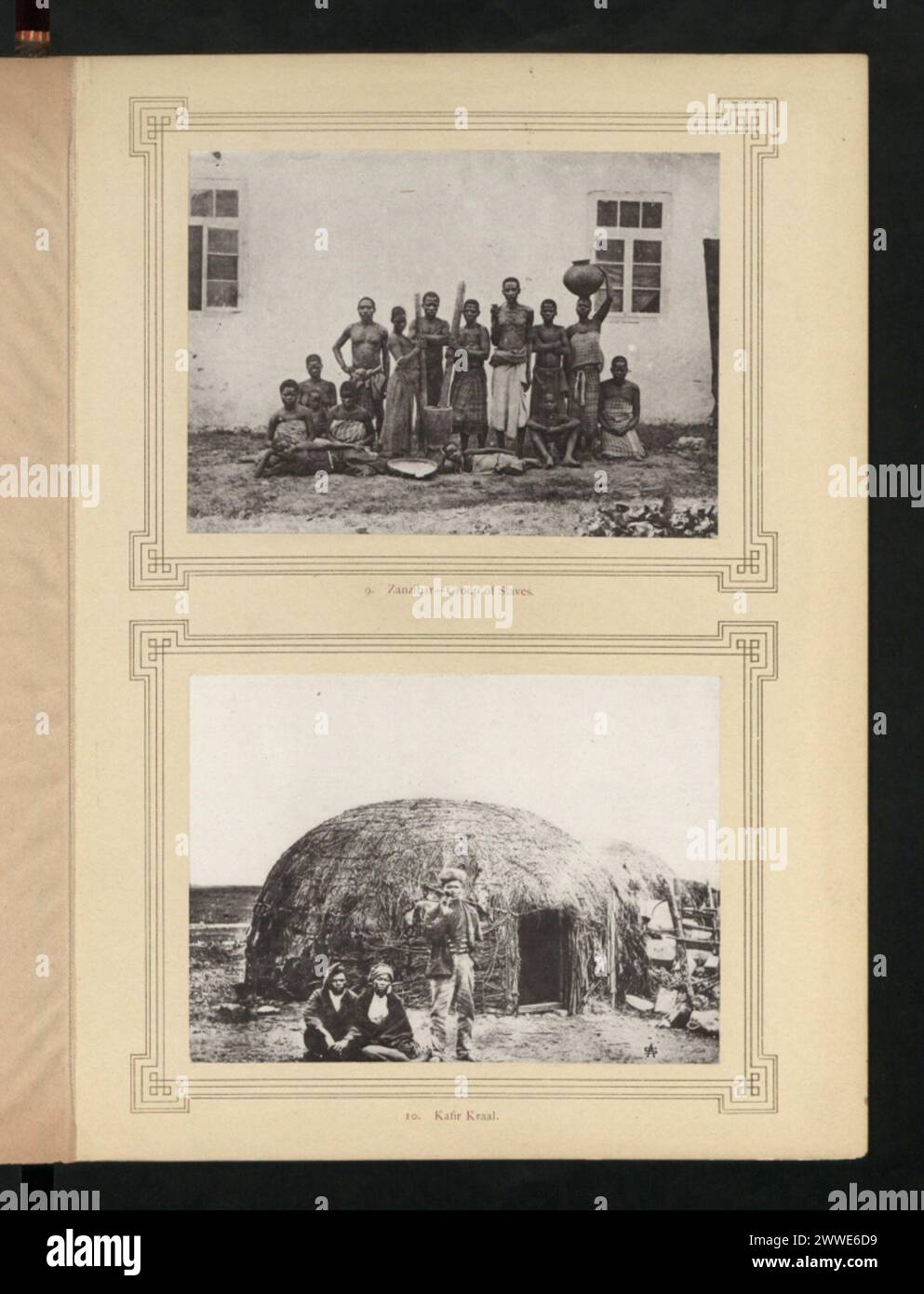 Un gruppo di schiavi a Kafir Kraal a Zanzibar illustra gli insediamenti storici del lavoro forzato e le strutture sociali dell'era coloniale. Foto Stock