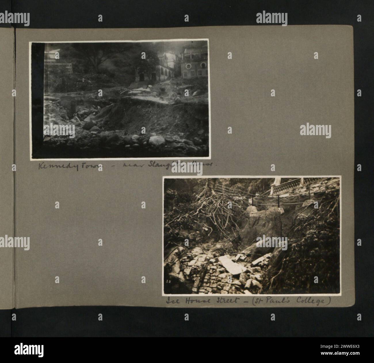 Kennedy Town vicino alla Slaughter House e Ice House Street con il St. Paul's College di Hong Kong, 1926, espone strutture residenziali, commerciali ed educative urbane. Foto Stock