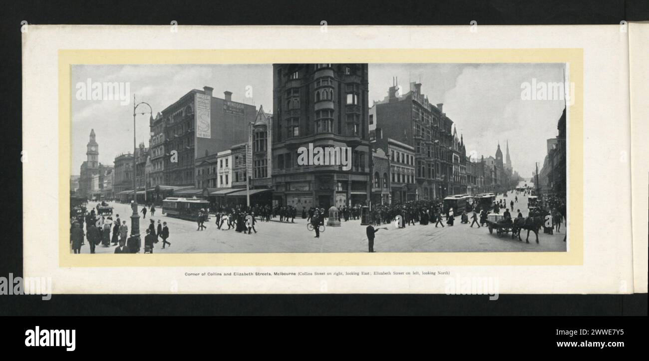 Fotografia dell'angolo tra Collins Street e Elizabeth Street a Melbourne, Victoria, Australia, 1912, che mostra le indicazioni stradali, e il paesaggio urbano. Foto Stock