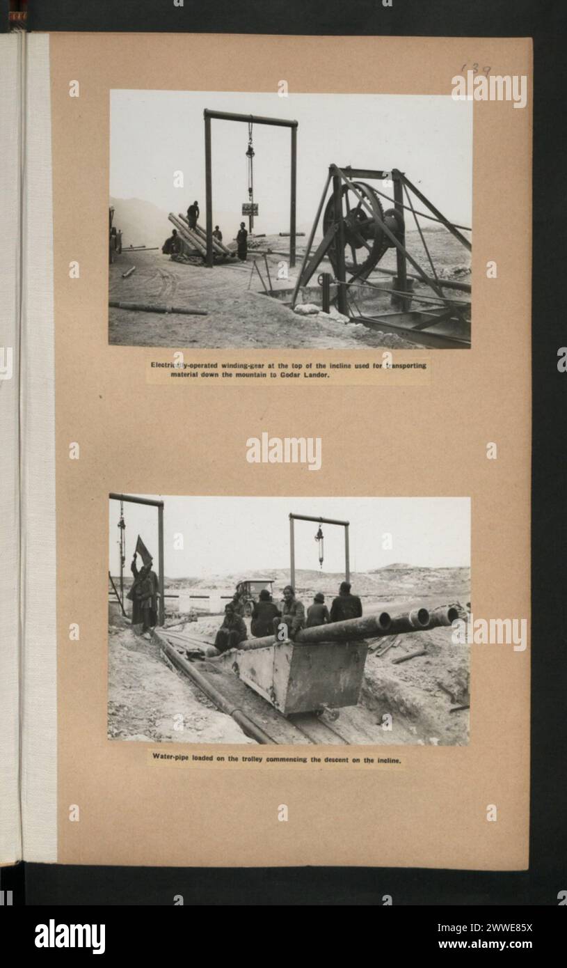 Sistema di avvolgimento a corrente elettrica in cima alla pendenza a Godar Landor, in Persia, utilizzato per il trasporto di tubi d'acqua e materiali lungo il pendio. Foto Stock