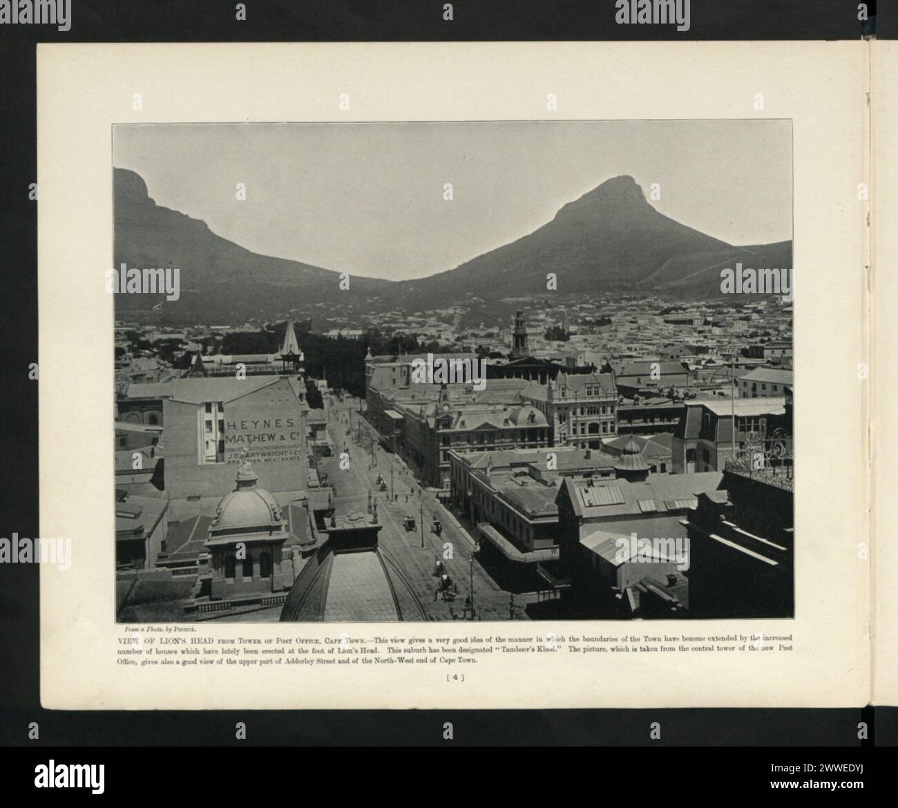 Fotografia che mostra la testa di Leone dalla torre dell'ufficio postale di città del Capo, in Sud Africa, con vedute panoramiche e urbane. Foto Stock