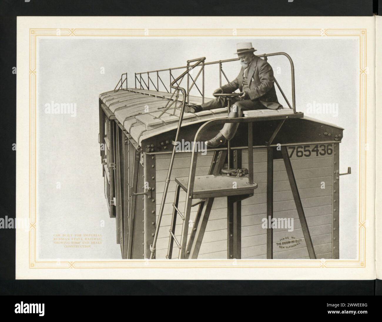 Un vagone ferroviario costruito nel 1916 dalla Eastern Car Company Limited in nuova Scozia per la Imperial Russian State Railway, che mostra i dettagli di costruzione del tetto e del freno. Foto Stock