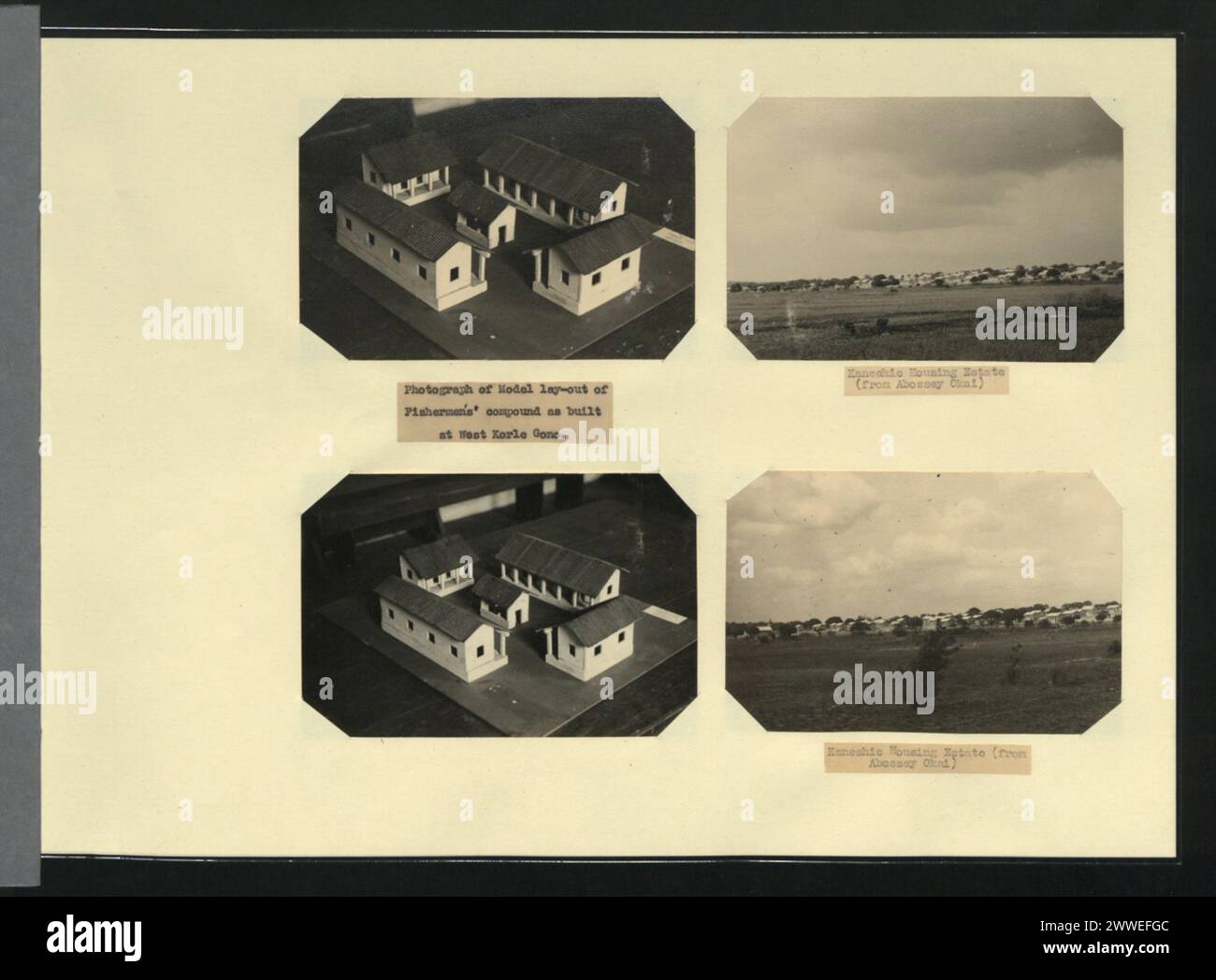 Le fotografie mostrano il layout di un complesso di pescatori a West Korle Gono e la Kaneshie Housing Estate ad Abossey Okai, Africa, illustrando la pianificazione residenziale e il design della comunità. Foto Stock