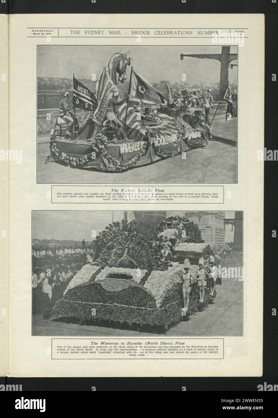 Il galleggiante dei sobborghi orientali e il galleggiante da Waverton a Hornsby North Shore facevano parte del concorso sul ponte di Sydney nel nuovo Galles del Sud, Australia, il 23 marzo 1932, mostrando sfilate lungo il porto. Foto Stock