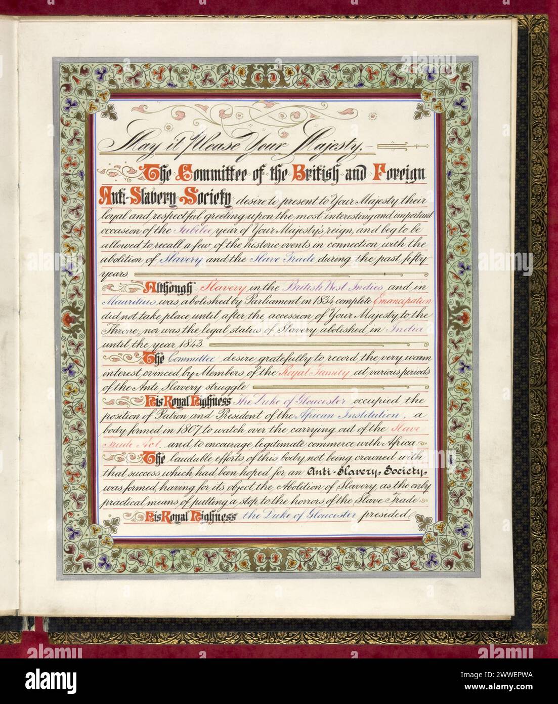 Il discorso del 1887 della British and Foreign Anti-Slavery Society alla regina Vittoria commemora il suo Giubileo d'oro ed è rilegato in pelle di vitello blu. Foto Stock