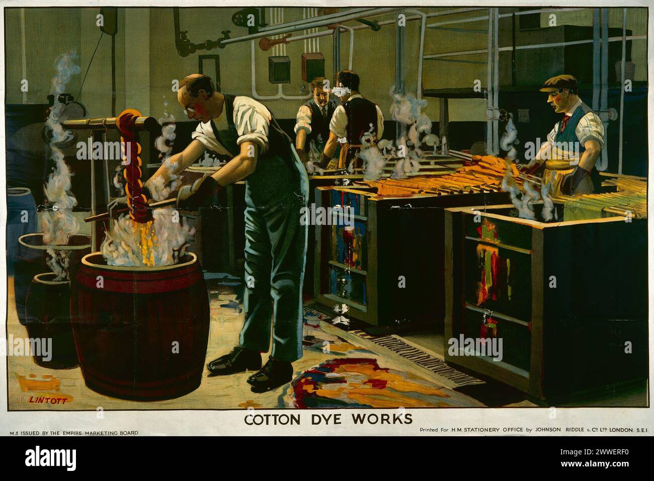 Cotton Dye Works, Empire Marketing Board poster Descrizione: Poster prodotto dall'Empire Marketing Board che mostra gli uomini in una Cotton Dye Works. Data: 1927- 1933 il nostro catalogo riferimento: CO 956/485 Foto Stock
